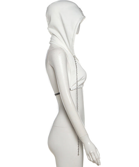Fierce White Hooded Chain Crop Top | Edgy V-Neck Backless for Parties & Festivals