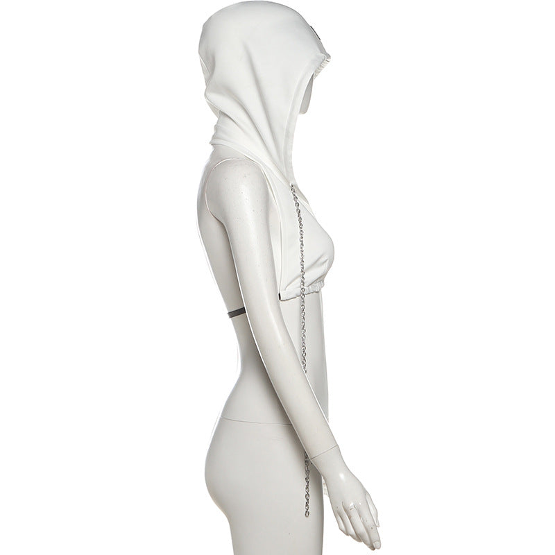 Fierce White Hooded Chain Crop Top | Edgy V-Neck Backless for Parties & Festivals