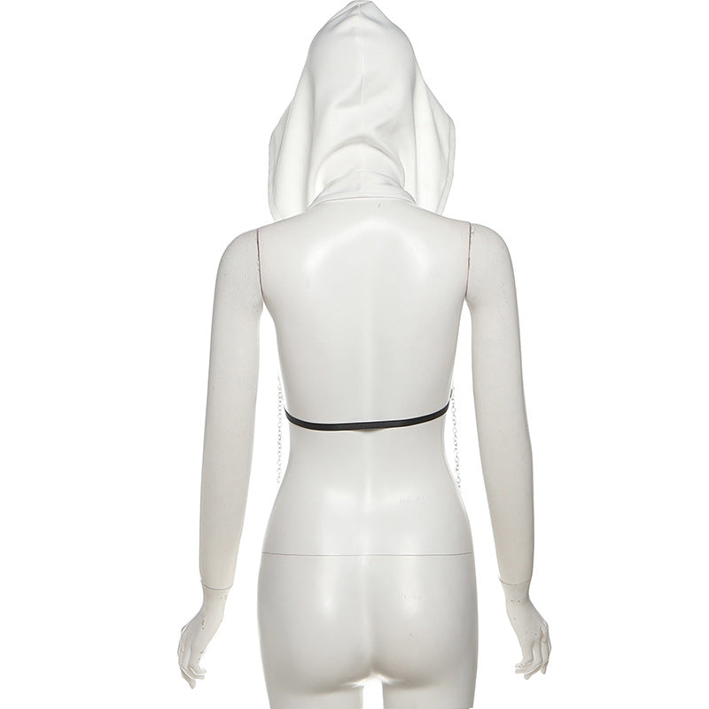 Fierce White Hooded Chain Crop Top | Edgy V-Neck Backless for Parties & Festivals