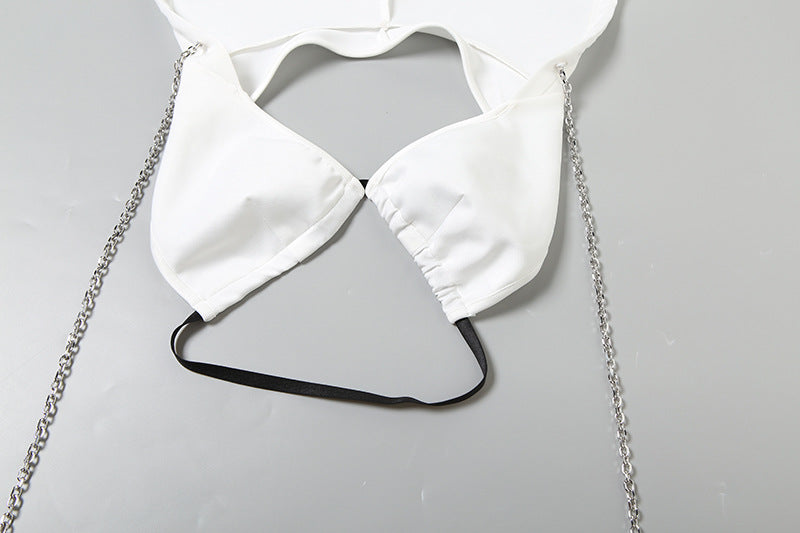 Fierce White Hooded Chain Crop Top | Edgy V-Neck Backless for Parties & Festivals