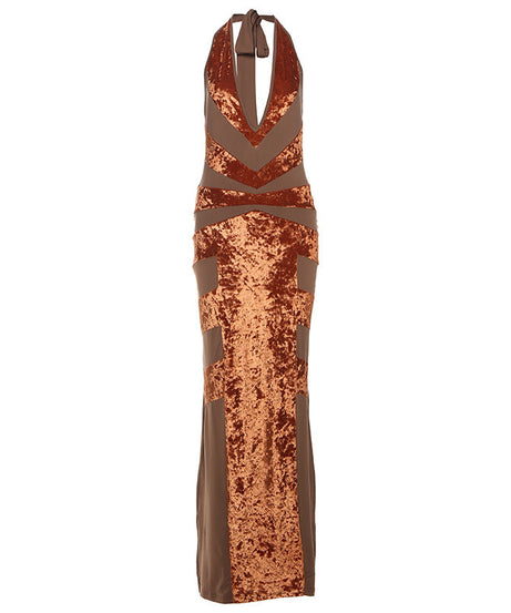Fall Glam Halter Velvet Maxi Dress - Deep V-Neck & Flattering Patchwork for Holiday Parties