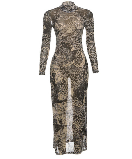 Chic Koi Tattoo Print Sheer Mesh Maxi Dress - High Neck Bodycon for Fall Style