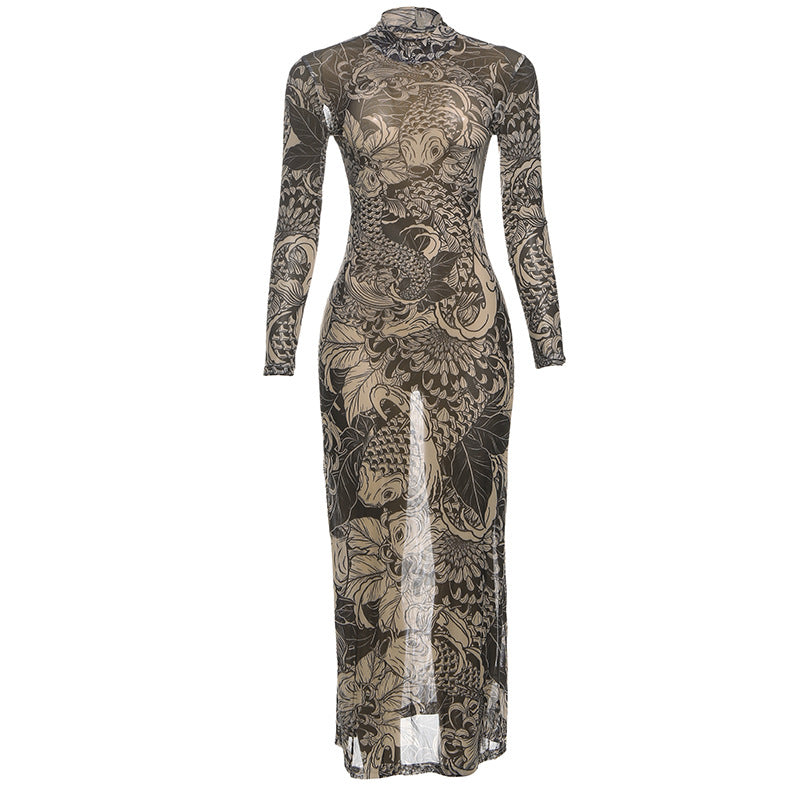 Chic Koi Tattoo Print Sheer Mesh Maxi Dress - High Neck Bodycon for Fall Style