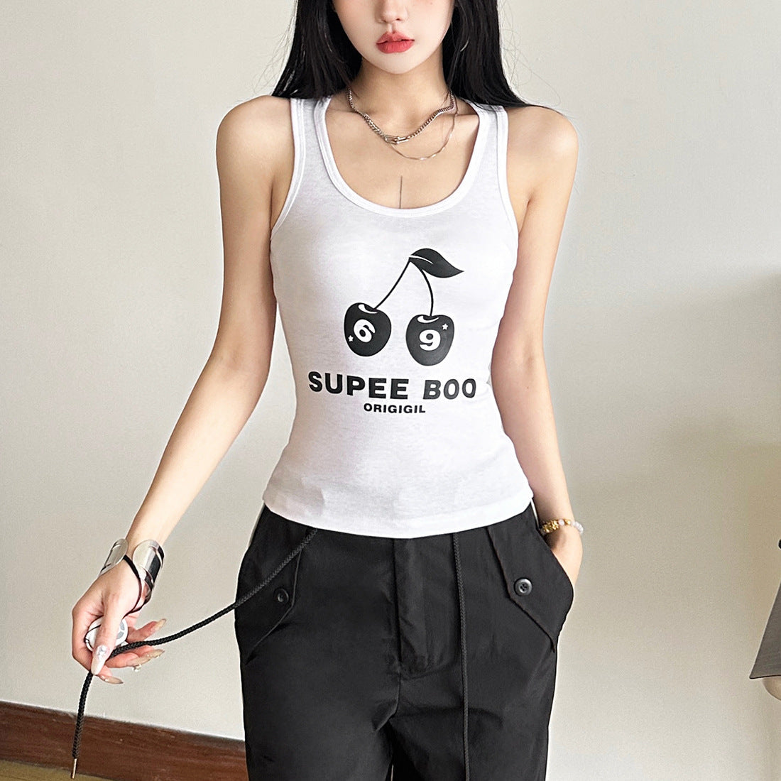 Spooky Chic 'SUPEE BOO' Cherry Graphic U-Neck Tank Top - Fall & Halloween Ready
