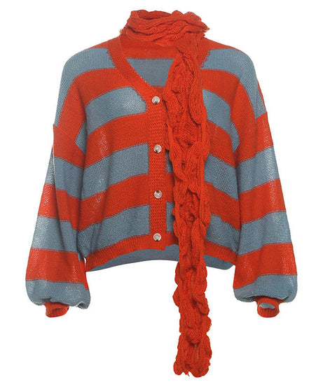 Cozy Chic Striped V-Neck Cardigan with Statement Scarf – Your Go-To Fall Essential