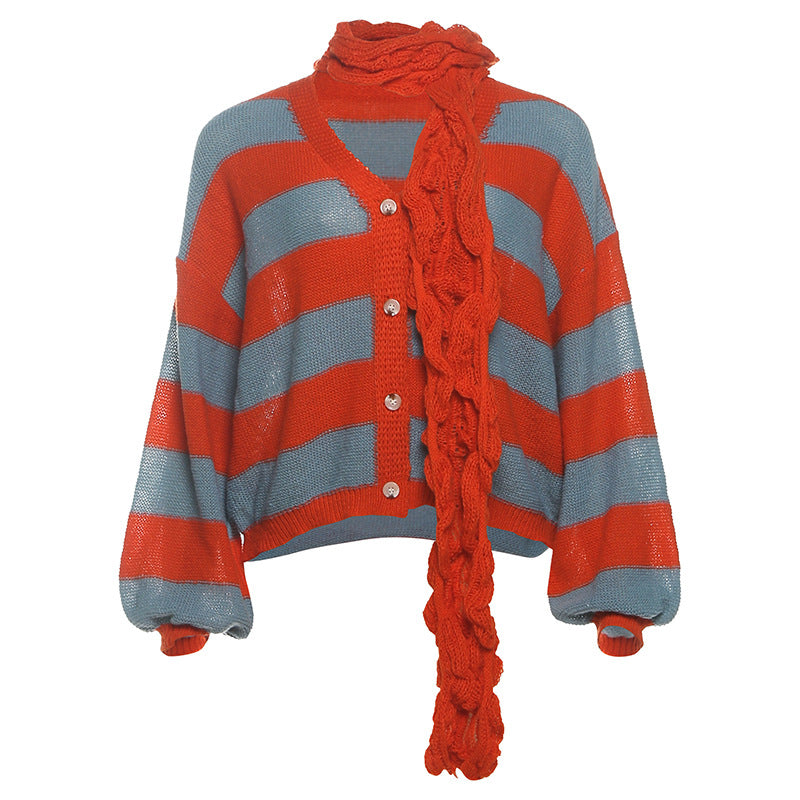 Cozy Chic Striped V-Neck Cardigan with Statement Scarf – Your Go-To Fall Essential