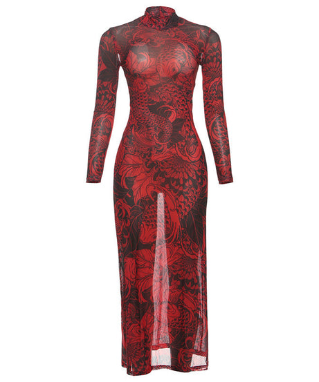 Chic Koi Tattoo Print Sheer Mesh Maxi Dress - High Neck Bodycon for Fall Style
