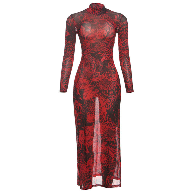 Chic Koi Tattoo Print Sheer Mesh Maxi Dress - High Neck Bodycon for Fall Style