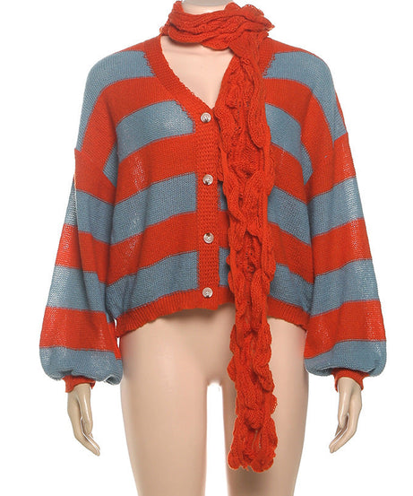 Cozy Chic Striped V-Neck Cardigan with Statement Scarf – Your Go-To Fall Essential