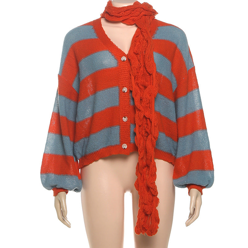 Cozy Chic Striped V-Neck Cardigan with Statement Scarf – Your Go-To Fall Essential