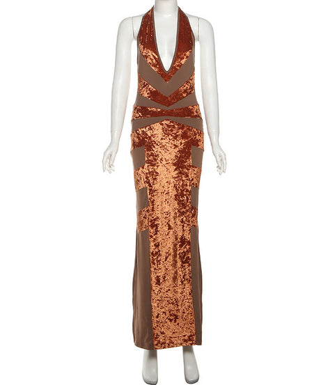 Fall Glam Halter Velvet Maxi Dress - Deep V-Neck & Flattering Patchwork for Holiday Parties