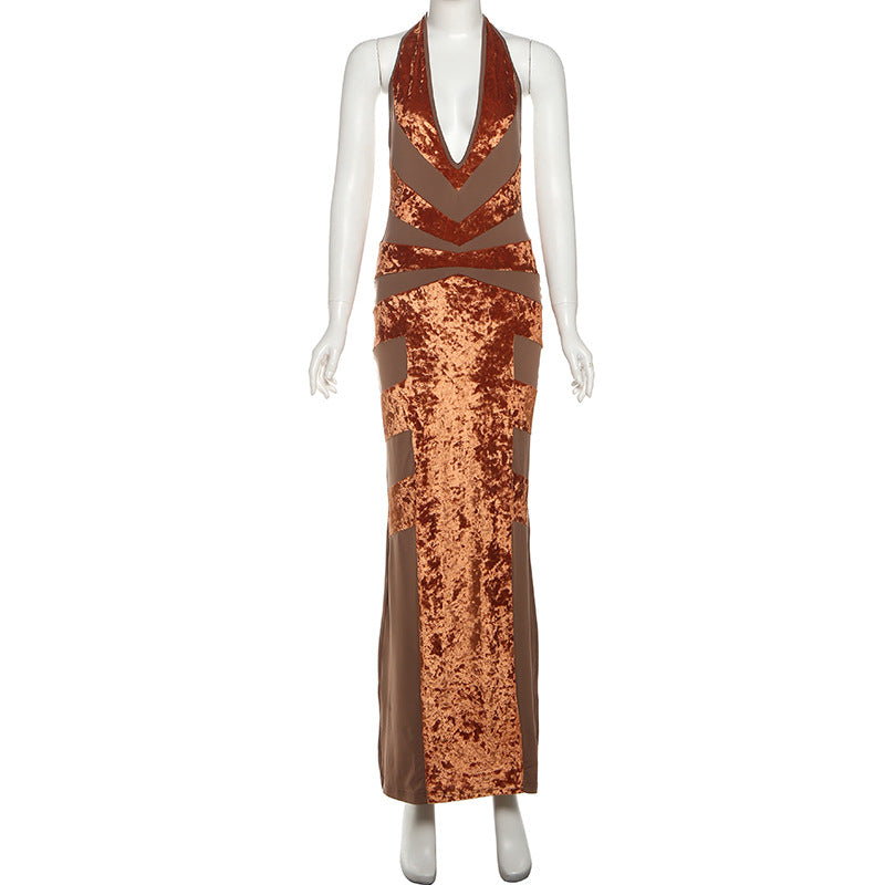 Fall Glam Halter Velvet Maxi Dress - Deep V-Neck & Flattering Patchwork for Holiday Parties