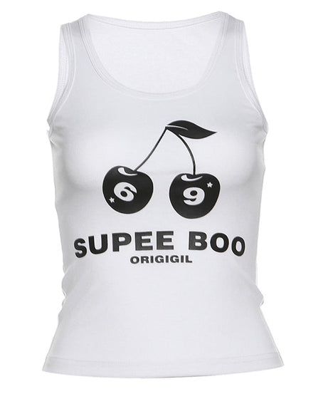 Spooky Chic 'SUPEE BOO' Cherry Graphic U-Neck Tank Top - Fall & Halloween Ready