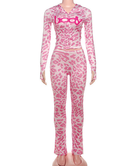 Unleash Your Inner Y2K: Pink Leopard 'Body' Graphic Hoodie & Leggings Set for Fierce Fall Style