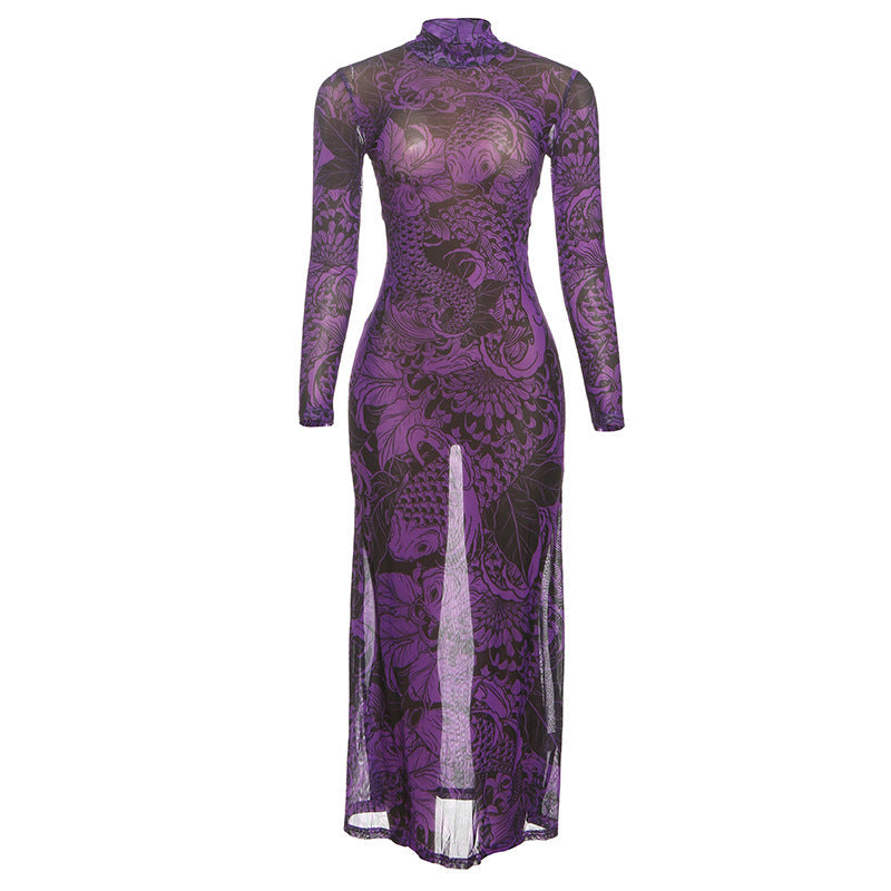 Chic Koi Tattoo Print Sheer Mesh Maxi Dress - High Neck Bodycon for Fall Style