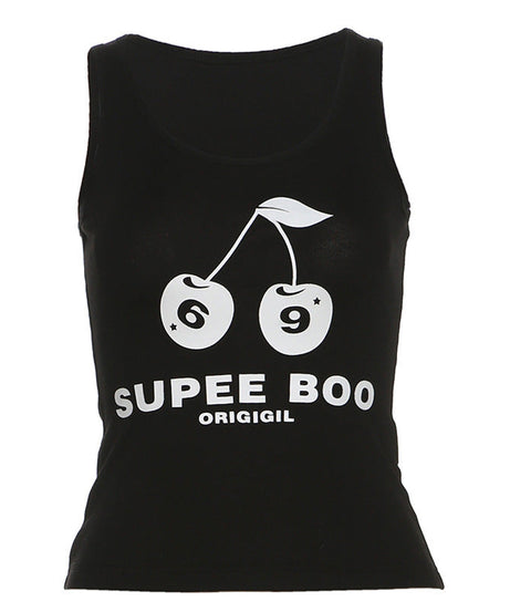 Spooky Chic 'SUPEE BOO' Cherry Graphic U-Neck Tank Top - Fall & Halloween Ready