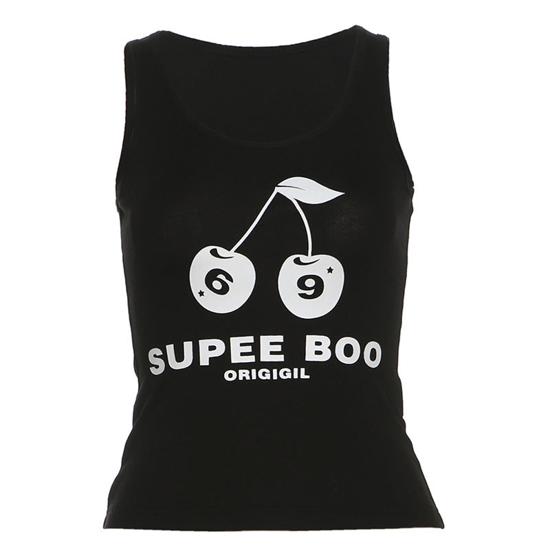 Spooky Chic 'SUPEE BOO' Cherry Graphic U-Neck Tank Top - Fall & Halloween Ready