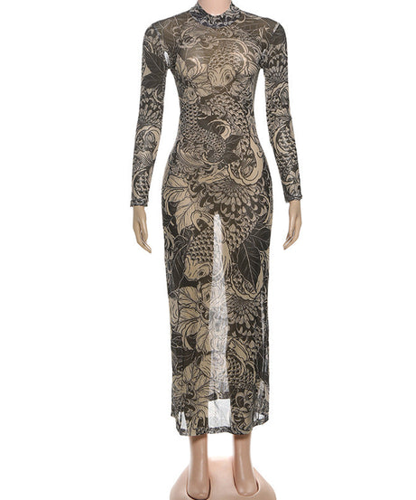 Chic Koi Tattoo Print Sheer Mesh Maxi Dress - High Neck Bodycon for Fall Style