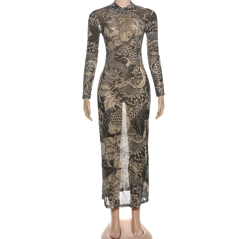 Chic Koi Tattoo Print Sheer Mesh Maxi Dress - High Neck Bodycon for Fall Style