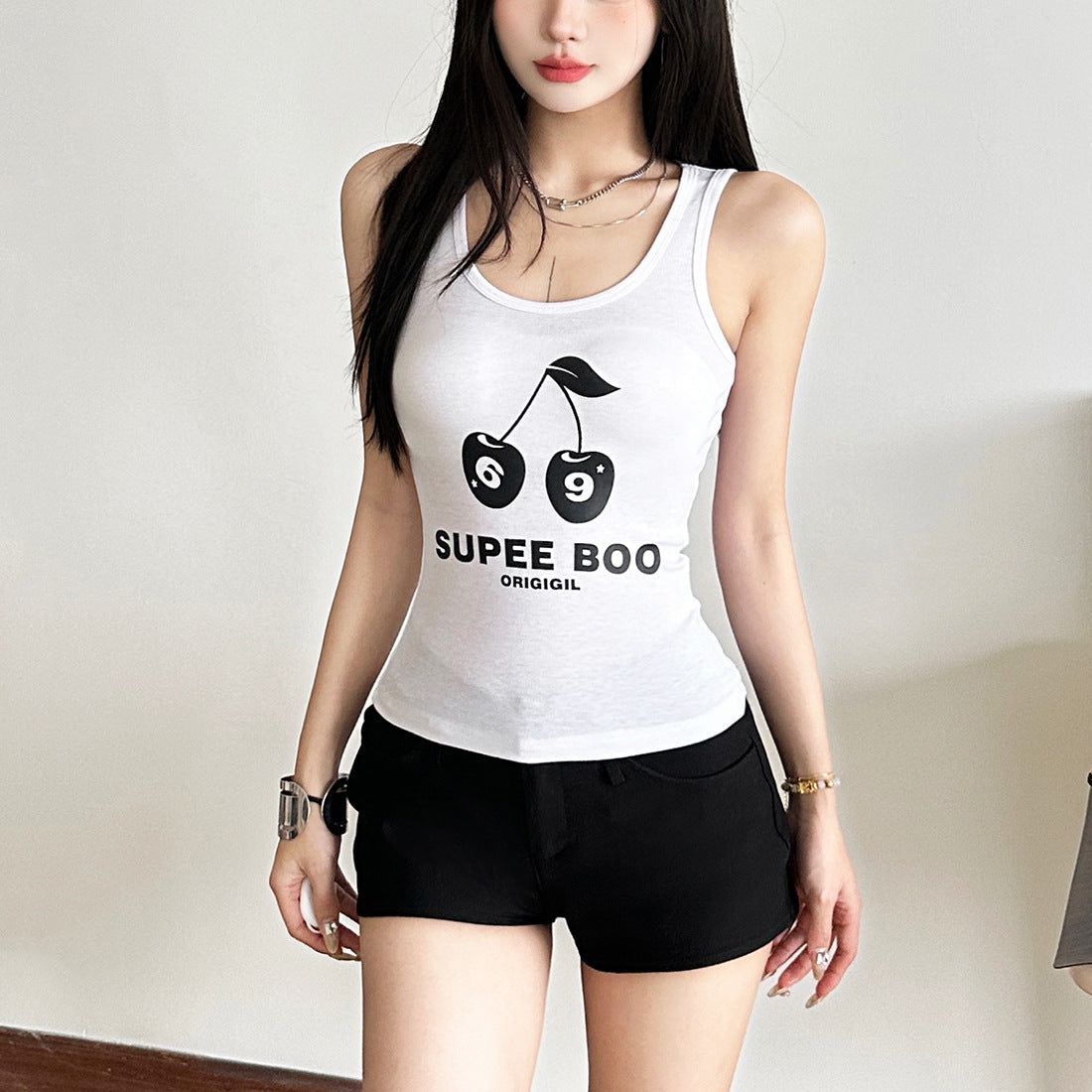 Spooky Chic 'SUPEE BOO' Cherry Graphic U-Neck Tank Top - Fall & Halloween Ready