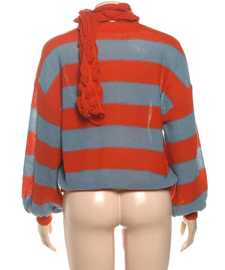 Cozy Chic Striped V-Neck Cardigan with Statement Scarf – Your Go-To Fall Essential