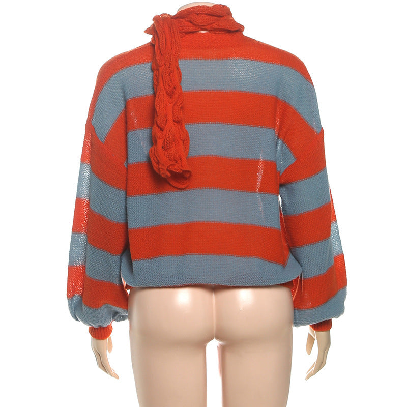 Cozy Chic Striped V-Neck Cardigan with Statement Scarf – Your Go-To Fall Essential