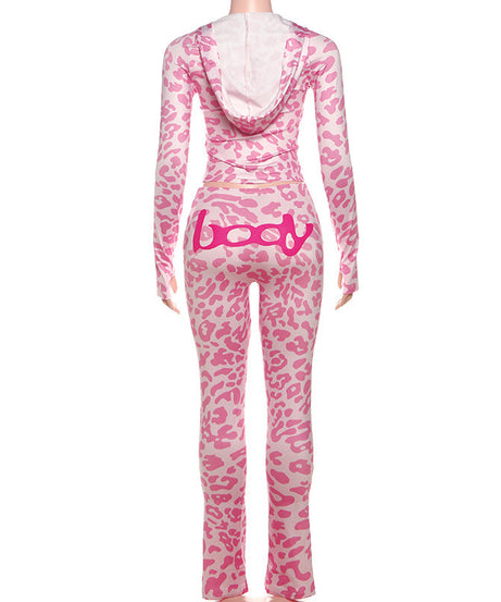 Unleash Your Inner Y2K: Pink Leopard 'Body' Graphic Hoodie & Leggings Set for Fierce Fall Style