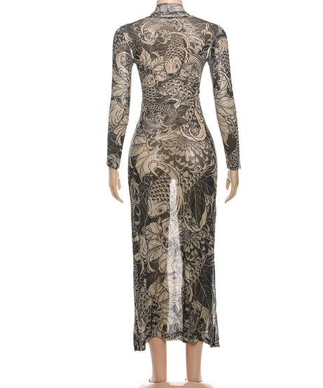Chic Koi Tattoo Print Sheer Mesh Maxi Dress - High Neck Bodycon for Fall Style