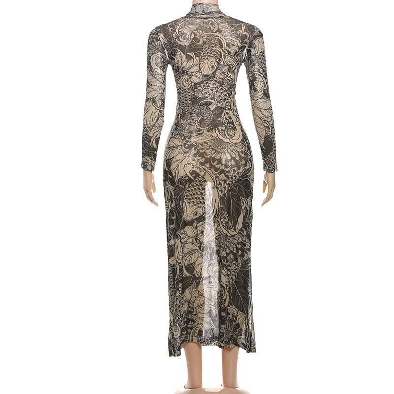 Chic Koi Tattoo Print Sheer Mesh Maxi Dress - High Neck Bodycon for Fall Style