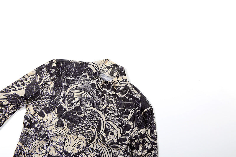 Chic Koi Tattoo Print Sheer Mesh Maxi Dress - High Neck Bodycon for Fall Style