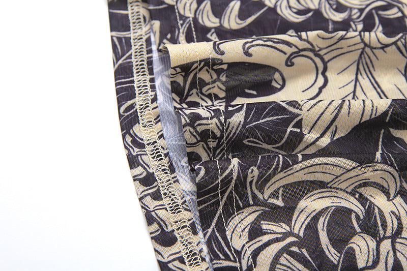 Chic Koi Tattoo Print Sheer Mesh Maxi Dress - High Neck Bodycon for Fall Style