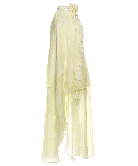 Effortless Fall Radiance: Boho Chic Ruffled Halter Maxi Dress with Floral Appliqué - Pale Yellow Perfection