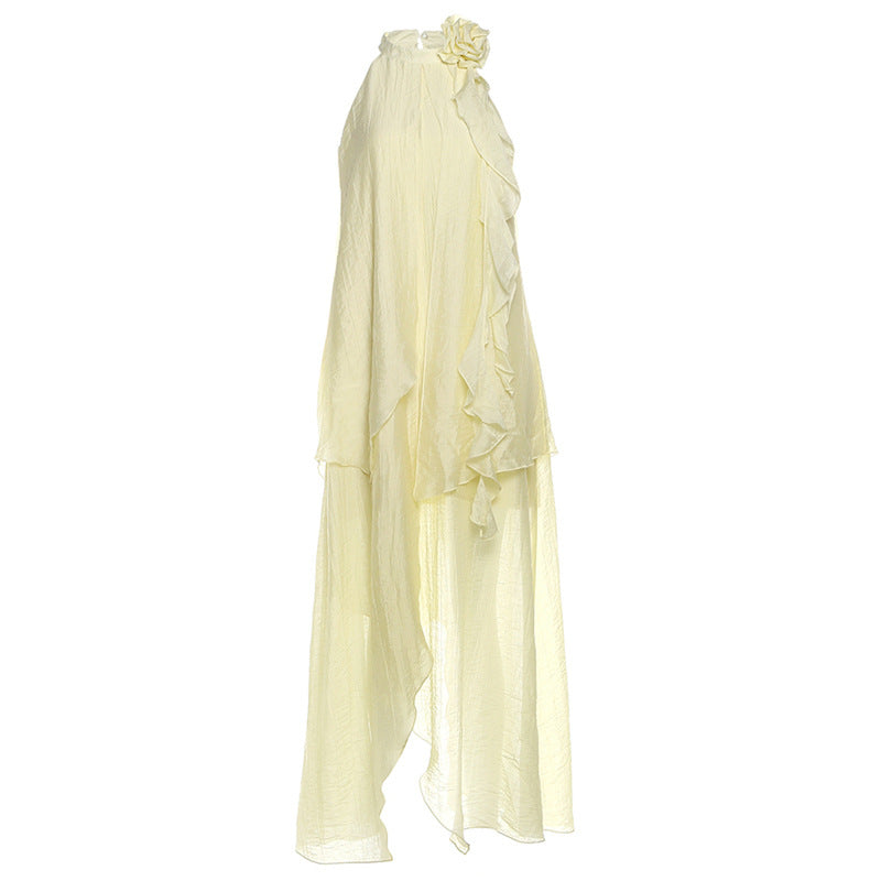 Effortless Fall Radiance: Boho Chic Ruffled Halter Maxi Dress with Floral Appliqué - Pale Yellow Perfection