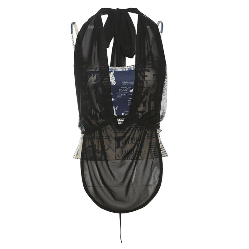 Trendy Halter Mesh Layered Top & Newspaper Print Cami Set - Fall Style Essential