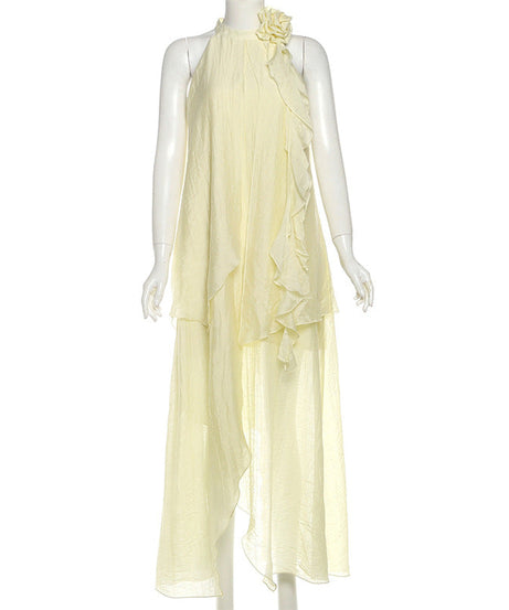 Effortless Fall Radiance: Boho Chic Ruffled Halter Maxi Dress with Floral Appliqué - Pale Yellow Perfection