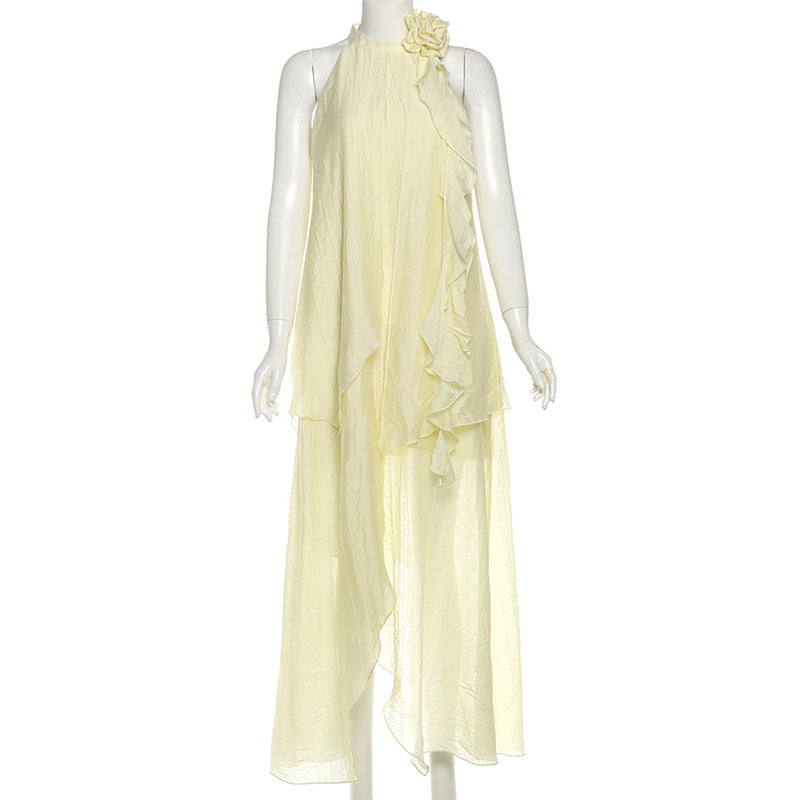 Effortless Fall Radiance: Boho Chic Ruffled Halter Maxi Dress with Floral Appliqué - Pale Yellow Perfection