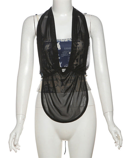 Trendy Halter Mesh Layered Top & Newspaper Print Cami Set - Fall Style Essential