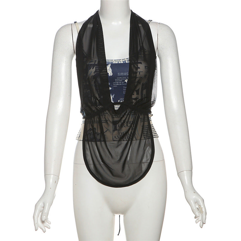 Trendy Halter Mesh Layered Top & Newspaper Print Cami Set - Fall Style Essential