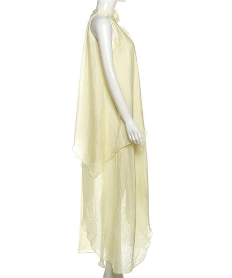 Effortless Fall Radiance: Boho Chic Ruffled Halter Maxi Dress with Floral Appliqué - Pale Yellow Perfection