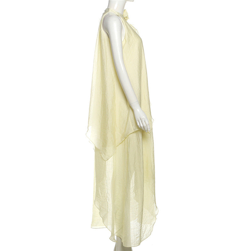 Effortless Fall Radiance: Boho Chic Ruffled Halter Maxi Dress with Floral Appliqué - Pale Yellow Perfection