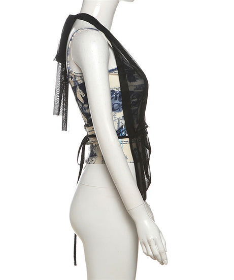 Trendy Halter Mesh Layered Top & Newspaper Print Cami Set - Fall Style Essential