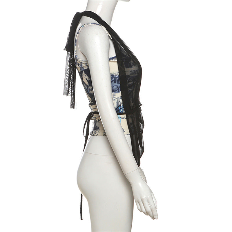 Trendy Halter Mesh Layered Top & Newspaper Print Cami Set - Fall Style Essential