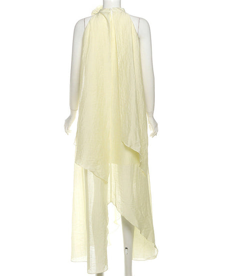 Effortless Fall Radiance: Boho Chic Ruffled Halter Maxi Dress with Floral Appliqué - Pale Yellow Perfection