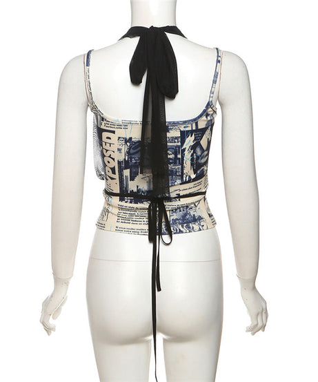 Trendy Halter Mesh Layered Top & Newspaper Print Cami Set - Fall Style Essential
