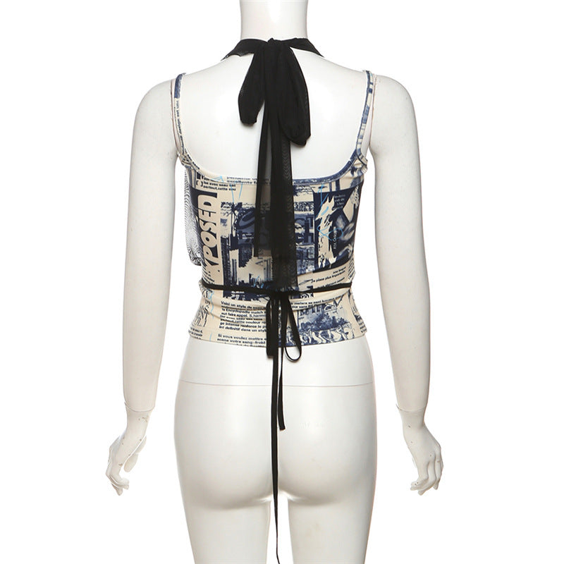 Trendy Halter Mesh Layered Top & Newspaper Print Cami Set - Fall Style Essential