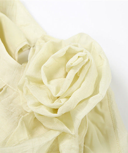 Effortless Fall Radiance: Boho Chic Ruffled Halter Maxi Dress with Floral Appliqué - Pale Yellow Perfection