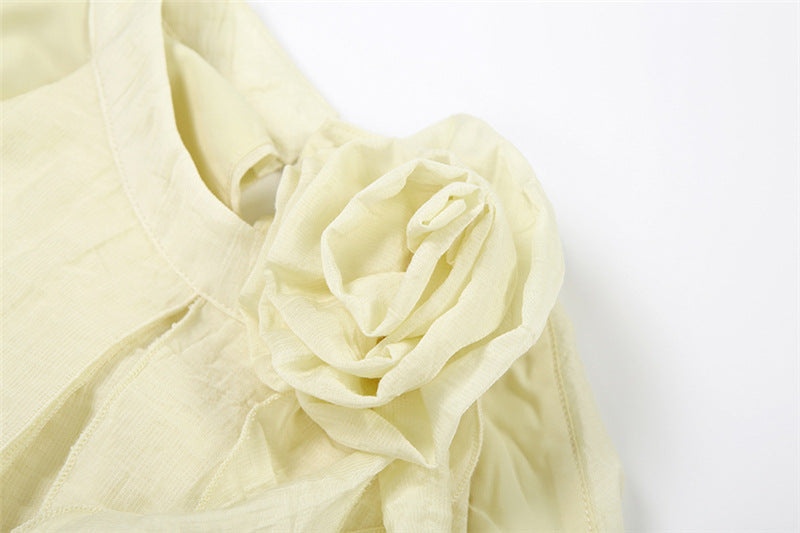 Effortless Fall Radiance: Boho Chic Ruffled Halter Maxi Dress with Floral Appliqué - Pale Yellow Perfection