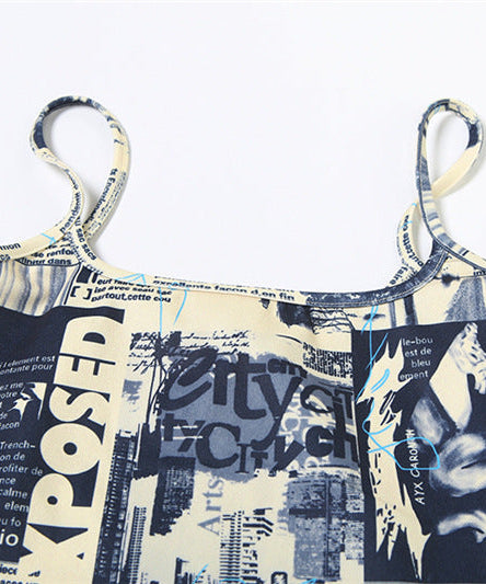 Trendy Halter Mesh Layered Top & Newspaper Print Cami Set - Fall Style Essential