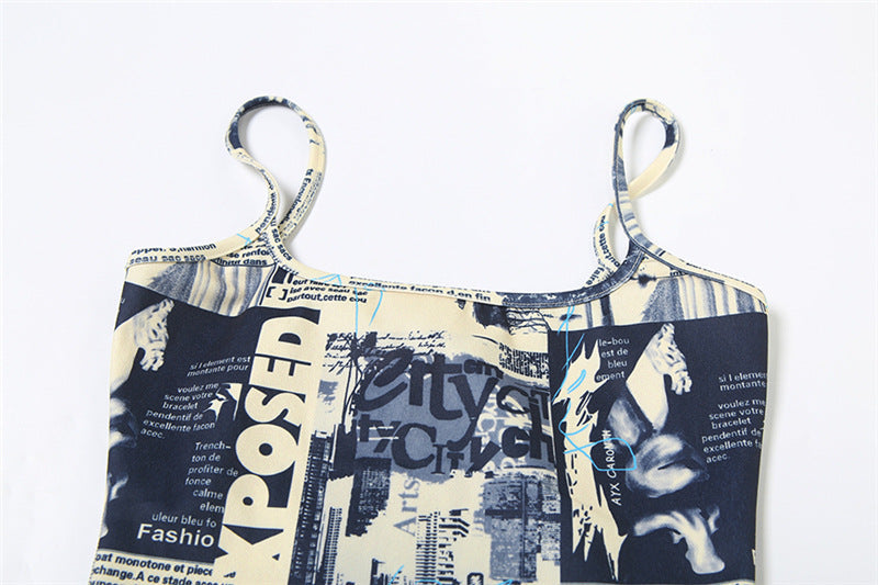 Trendy Halter Mesh Layered Top & Newspaper Print Cami Set - Fall Style Essential