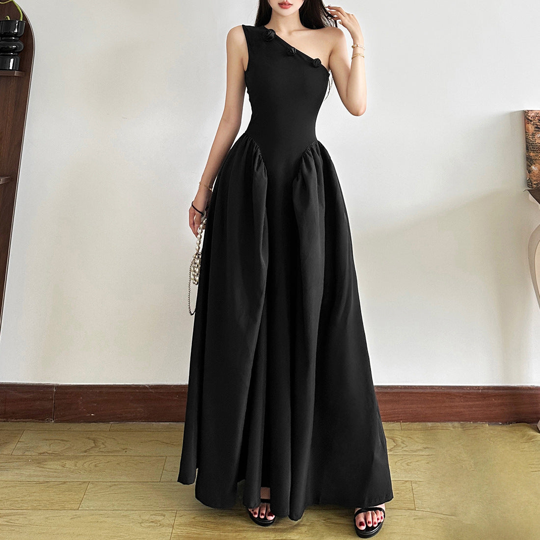 The Enchant Black One-Shoulder Maxi Dress - Elegant Fall & Holiday Gala Gown with Floral Detail